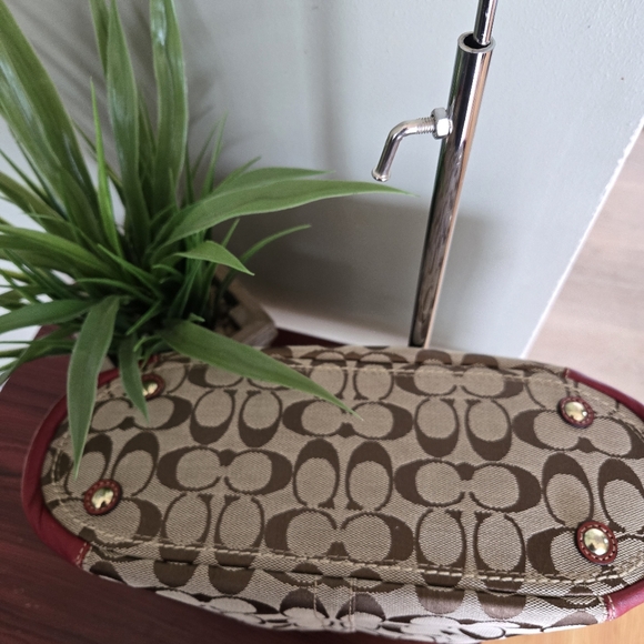 Coach Maroon Leather trim Monogram Shoulder Tote Bag - Picture 8 of 15